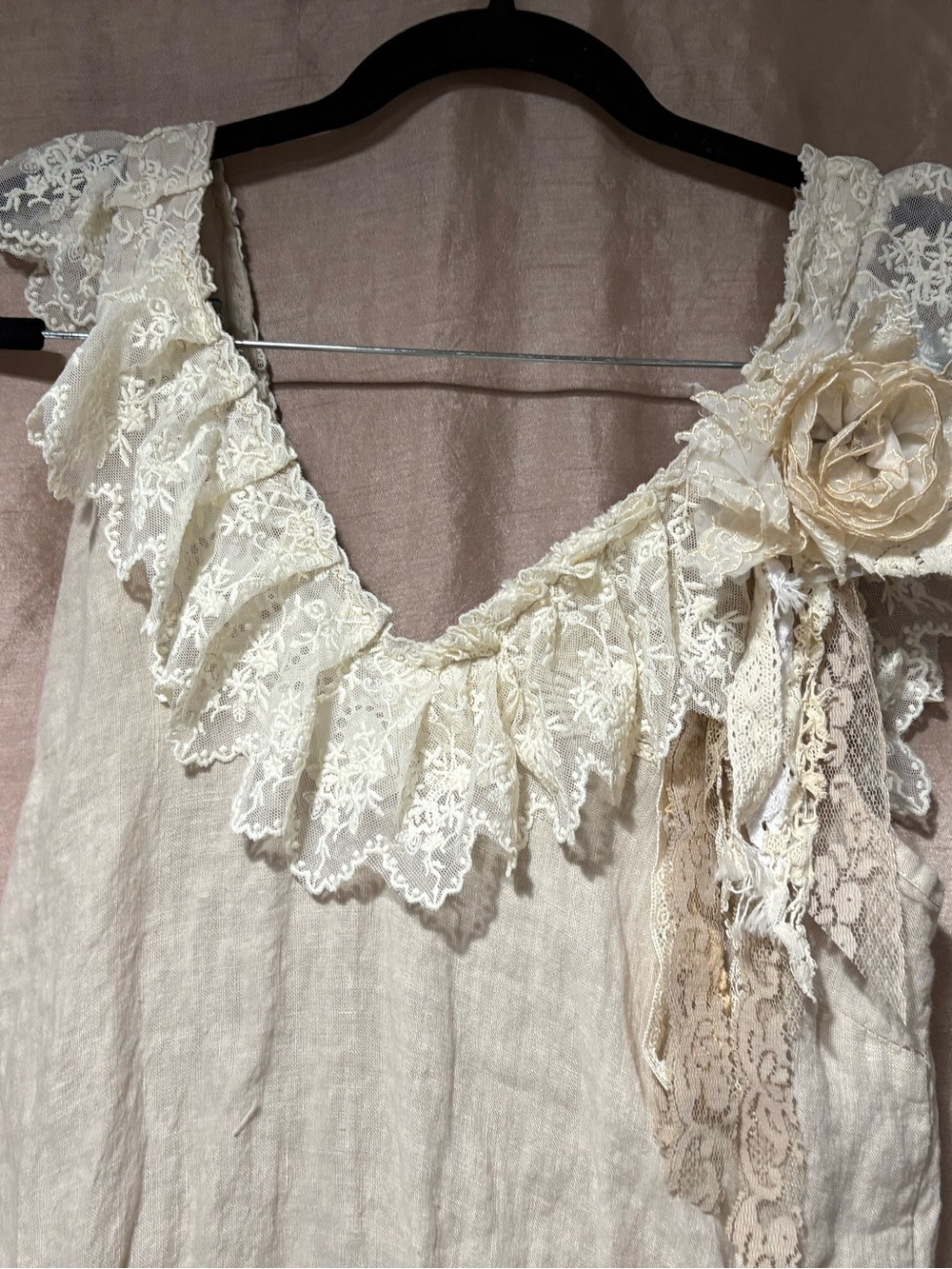 Vtg  Lace Italian Linen V-Neck Upcycled Dress Handmade Sz Med Slight Low Hem - Picture 5 of 14